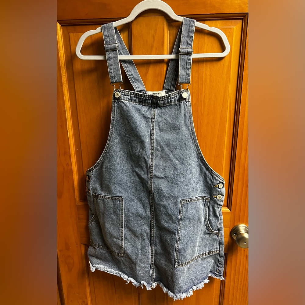 Denim Overall Dress with Frayed Hem - Blue